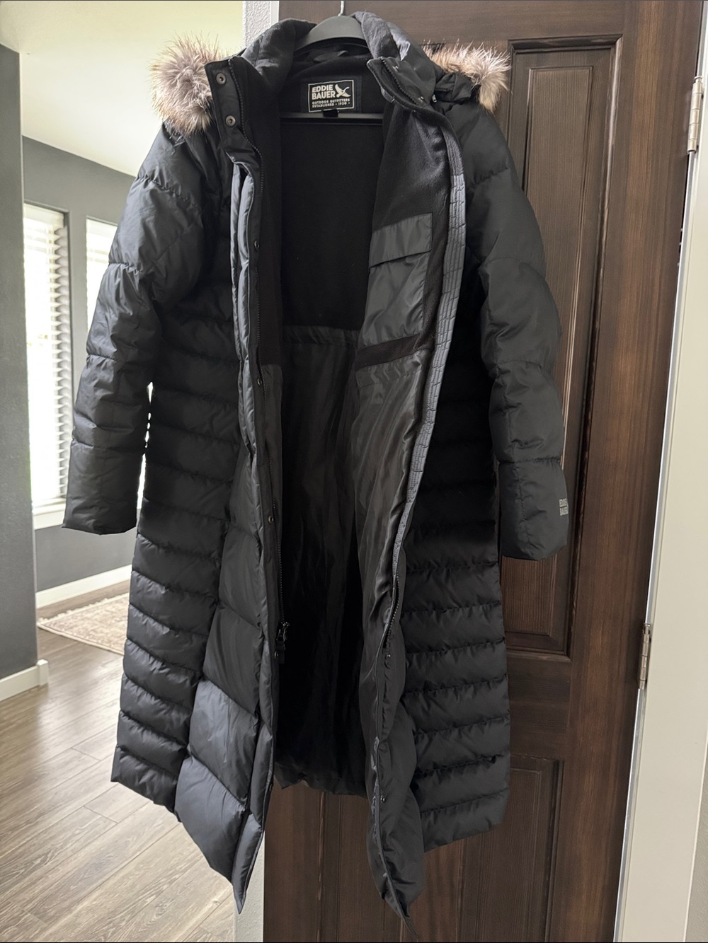 Eddie Bauer Black Long Down Puffer Coat with Faux Fur Trim